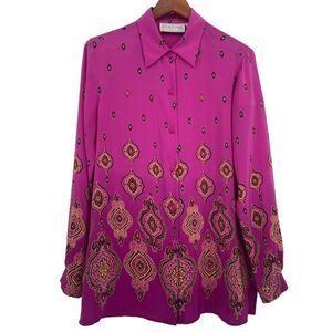 Silk Lore By‎ Beth Terrell 100% Silk Button Front Blouse Pink/Orange Size Small